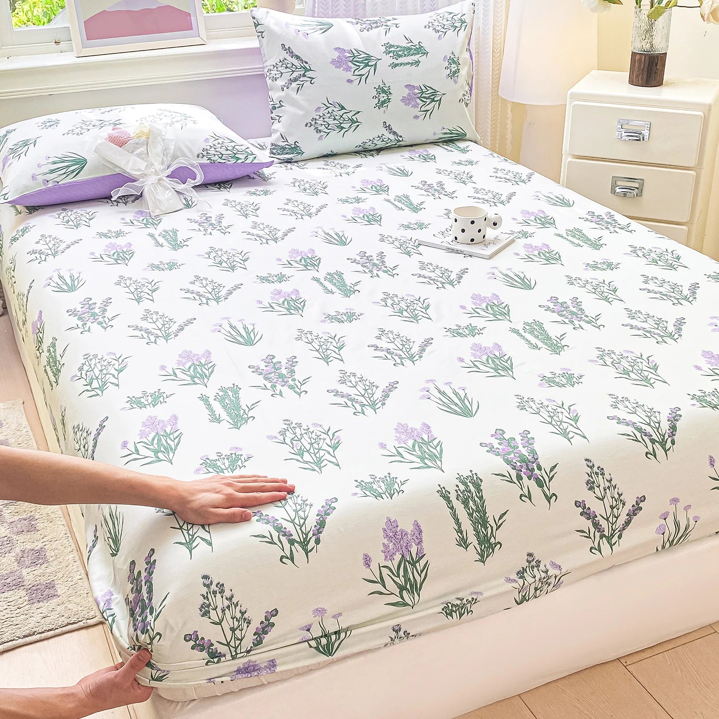 Parure de lit percale coton 400 fils drap housse fleuri blanc
