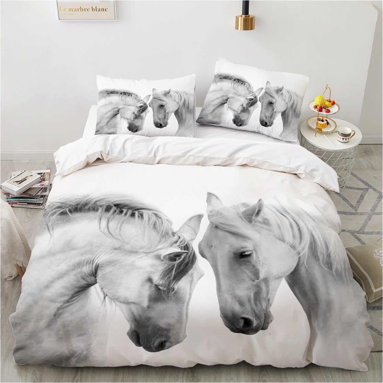 Housse de couette imprimée cheval 3D 140x200 cm sur lit