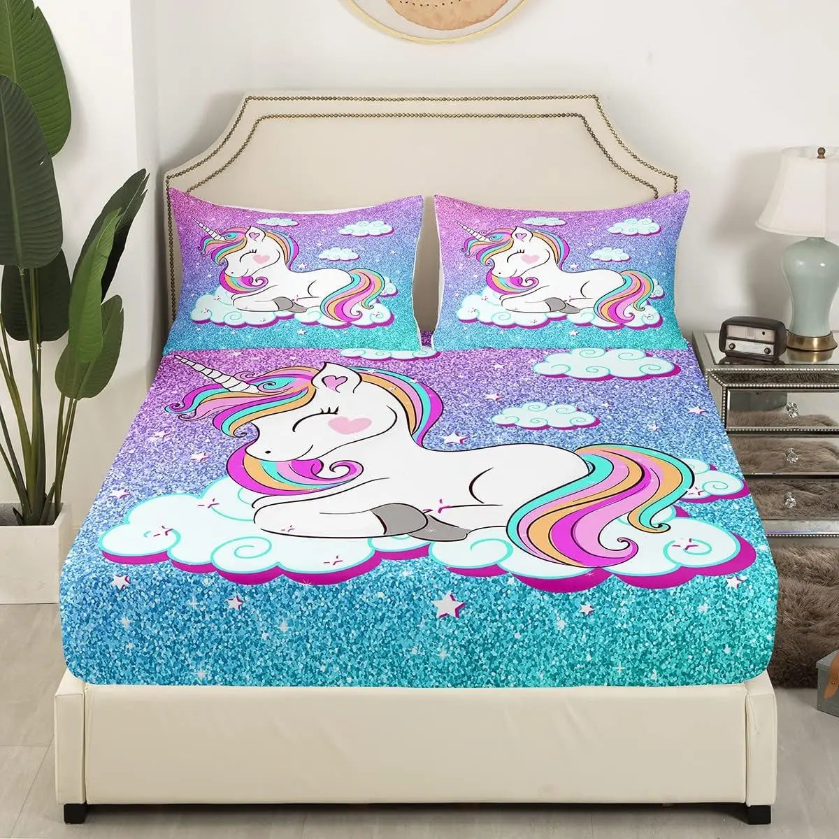 Détail de l'impression 3D licorne sur microfibre douce