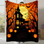 Une mystérieuse maison hantée se profile dans la nuit d'Halloween, entourée de citrouilles illuminées et de silhouettes d'arbres noirs sur un fond orange vif.