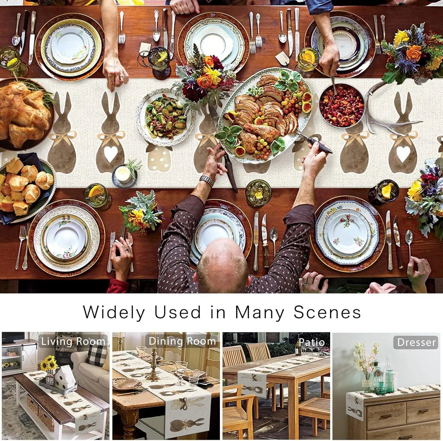 Cette image présente un festin Thanksgiving copieusement dressé sur une table en bois avec de nombreux plats, couverts et décorations florales. La table est décorée de façon rustique et chaleureuse, évoquant une ambiance de fête familiale.