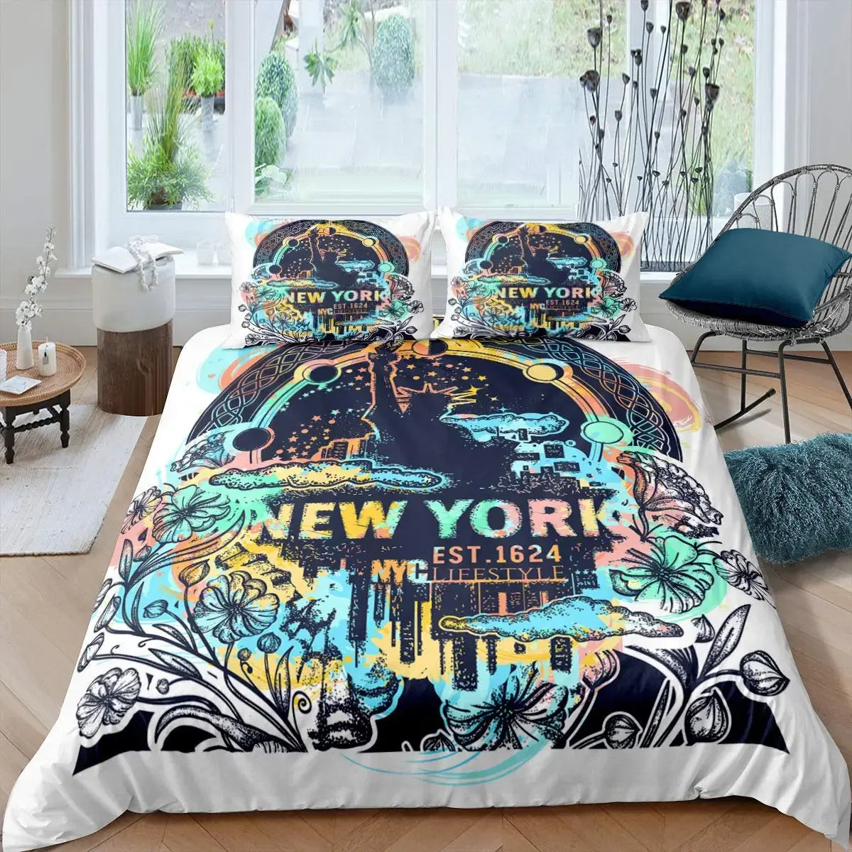 Housse de couette Liberty Hip Hop motifs paix et amour sur lit double