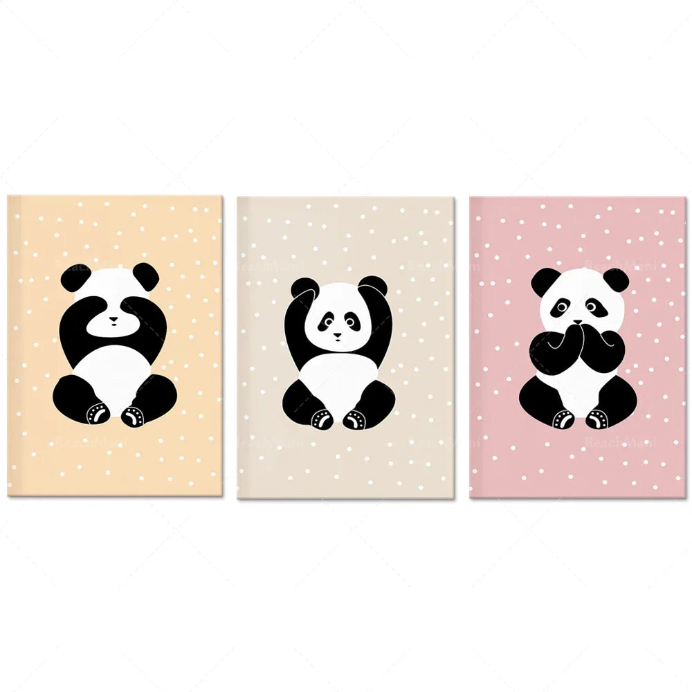 Trois affiches mignons avec des pandas sur fond à pois.