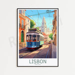 Une rue pittoresque de Lisbonne avec un tramway bleu, des bâtiments colorés et la silhouette d'une église en arrière-plan.