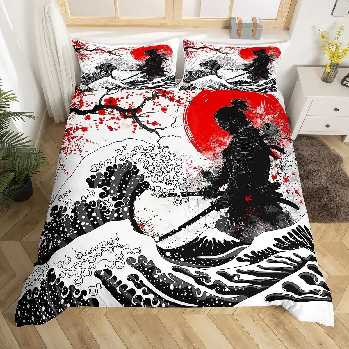 Housse de couette rouge samouraï japonais Hokusai