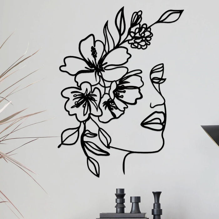 Décoration murale métal visage femme fleur noir
