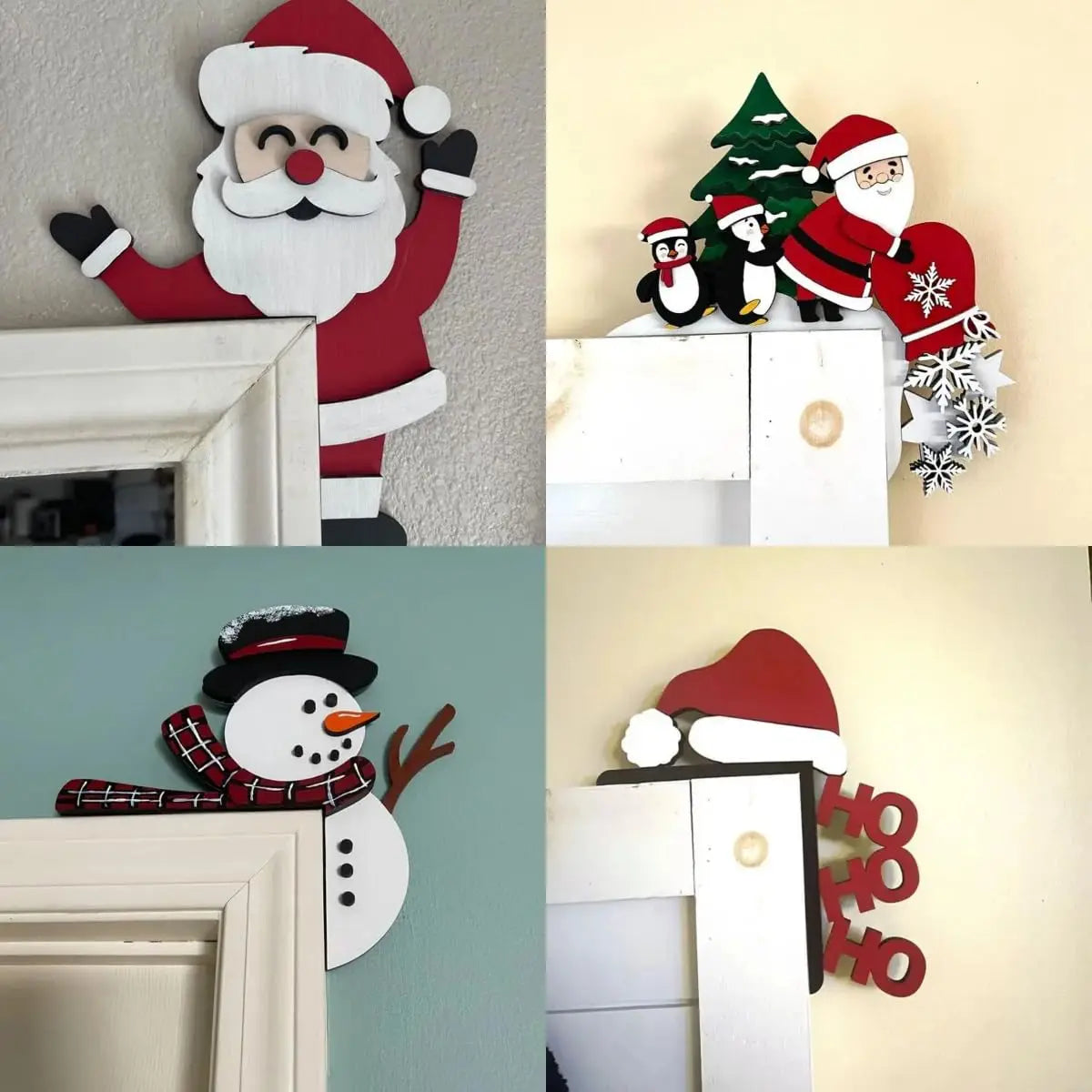 Décoration de porte Noël en bois couleur bourgogne sur une porte blanche