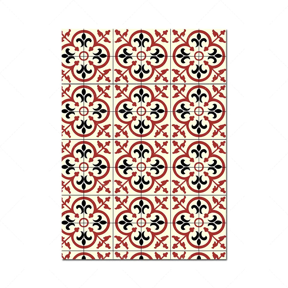 Motif géométrique répété en rouge et noir, créant un design élégant et ornemental sur un fond blanc.