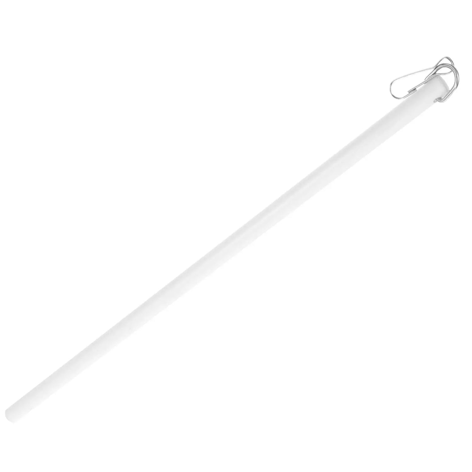 Baguette de manipulation pour rideaux blancs avec crochet métallique en haut, posée sur fond blanc.
