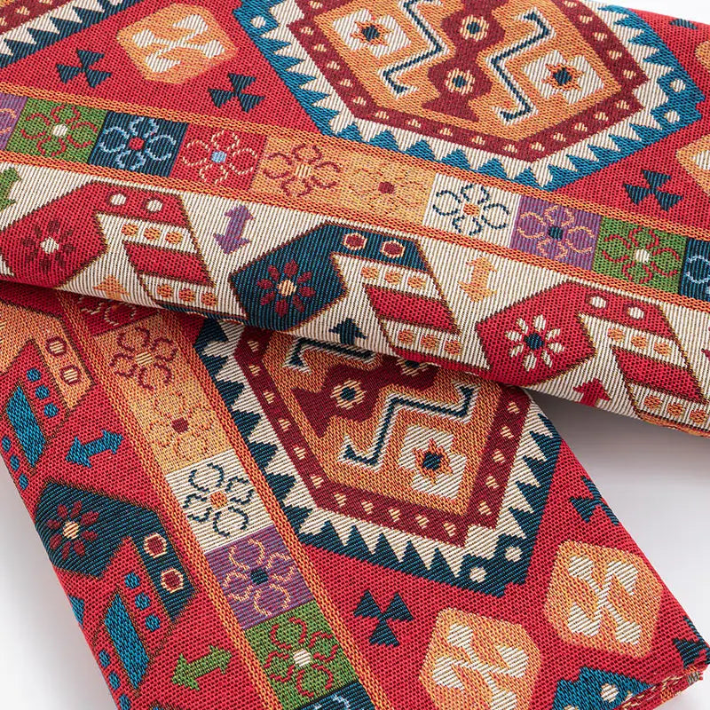 Tissu jacquard ethnique bohème motif géométrique rouge
