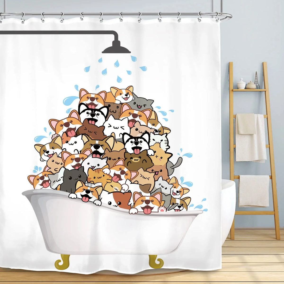 Illustration humoristique d’une baignoire remplie d’un grand nombre de chiens aux pelages variés, sous une douche, sur fond blanc.