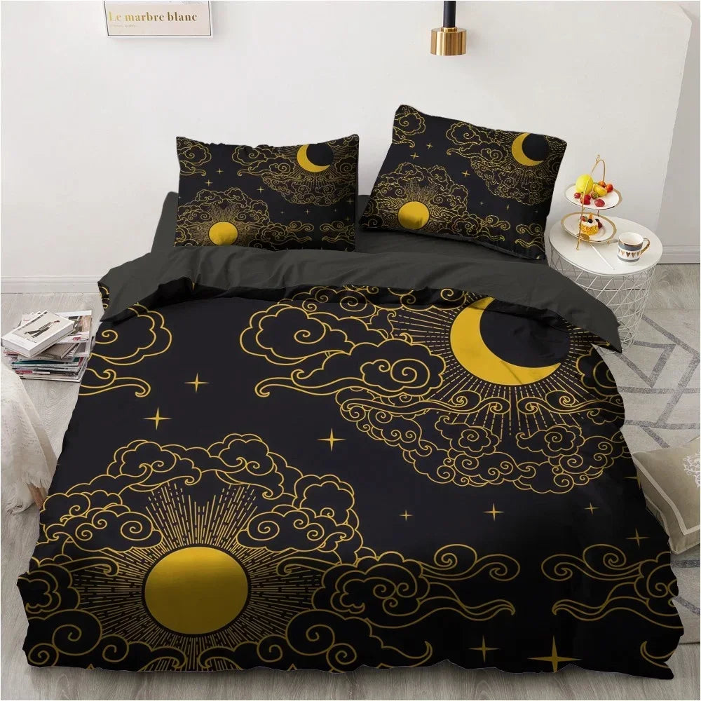 Parure de lit noire 3D avec design doré sur un lit king size