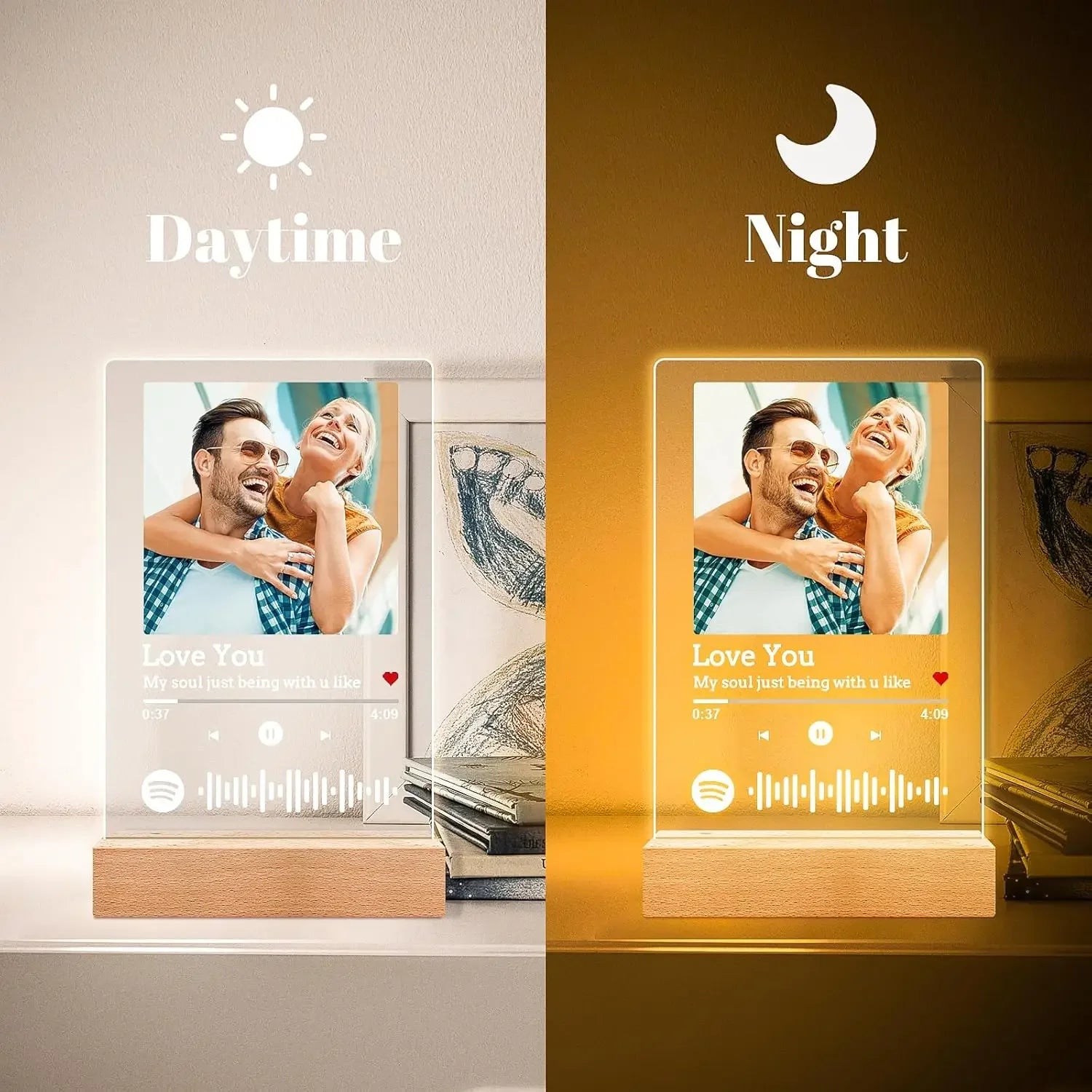 Cadre photo coeur personnalisé avec veilleuse LED rose