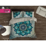 Détail du motif mandala vert sur la housse de couette