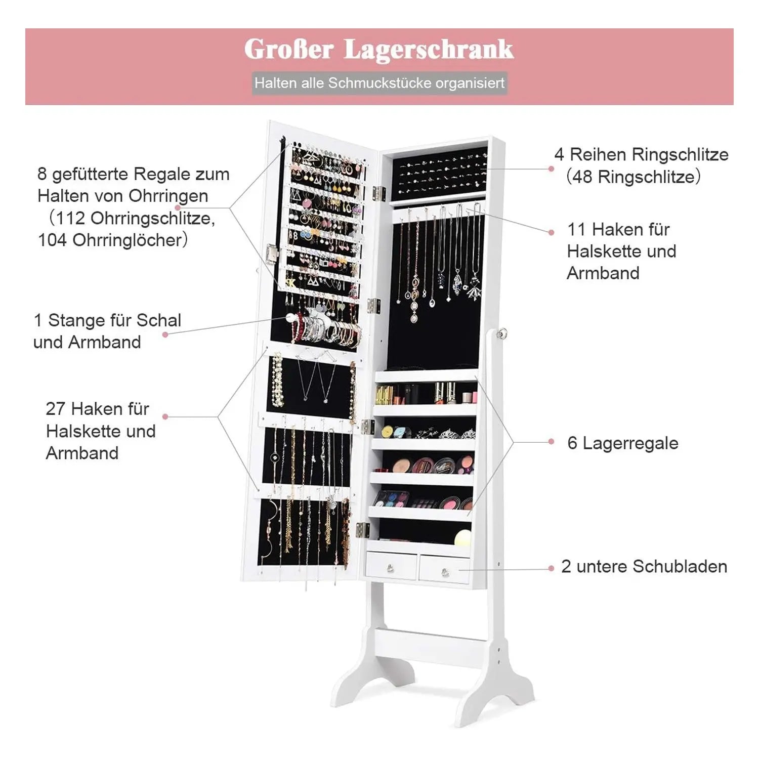 Rangement intérieur de l'armoire à bijoux avec bagues et colliers
