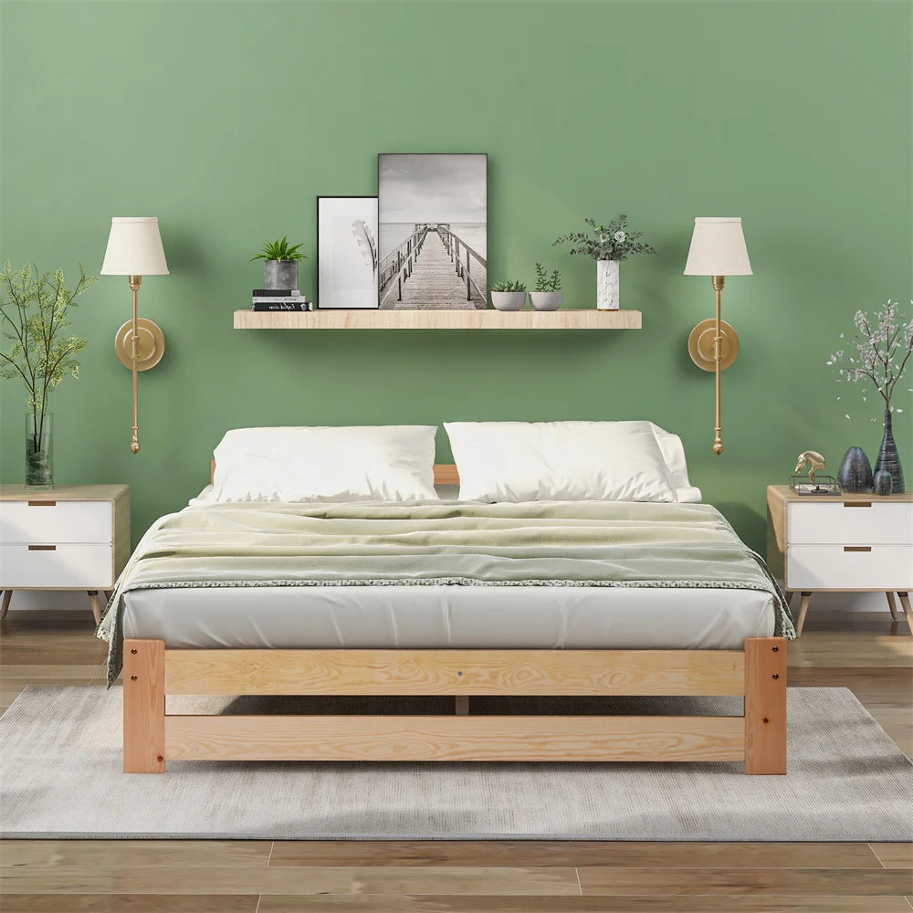 Lit futon en bois massif pin naturel avec tête de lit, vue d'ensemble