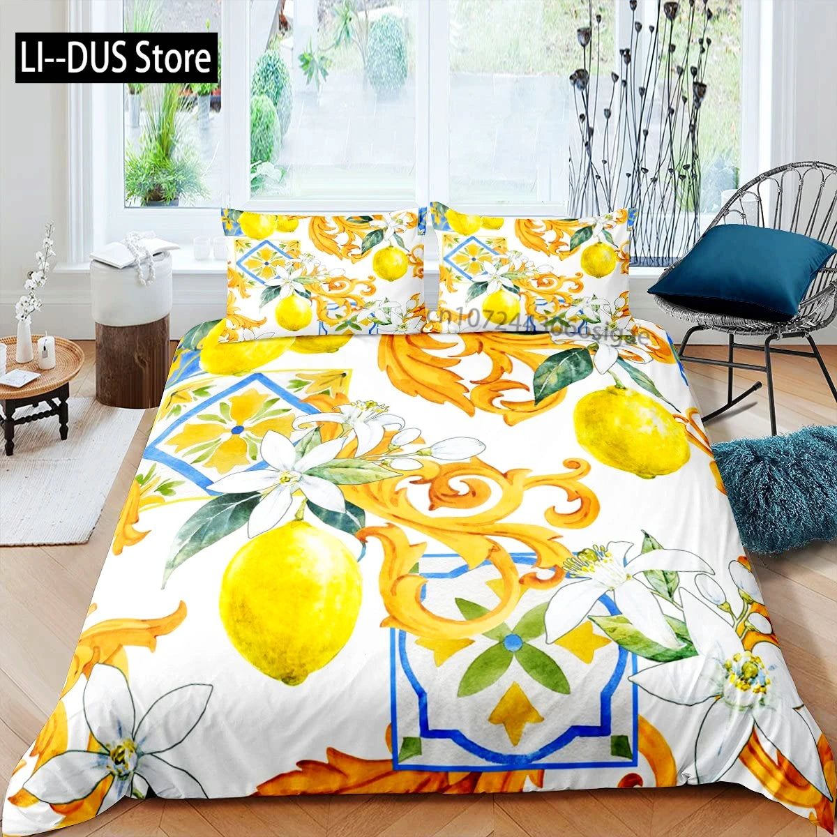 Housse de couette jaune dans une chambre décorée avec des plantes