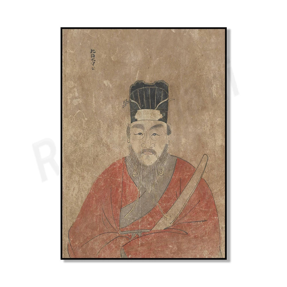 Une peinture ancienne d'un homme asiatique âgé vêtu d'habits traditionnels et portant une coiffe particulière, sur un fond texturé.