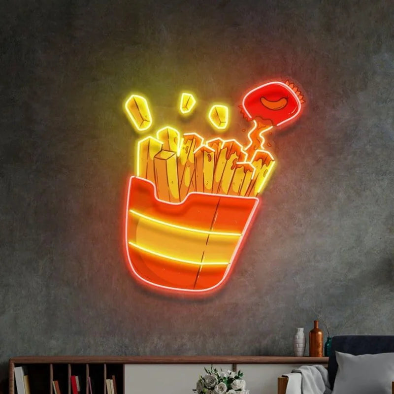 Enseigne néon frites LED dans une décoration de cuisine moderne