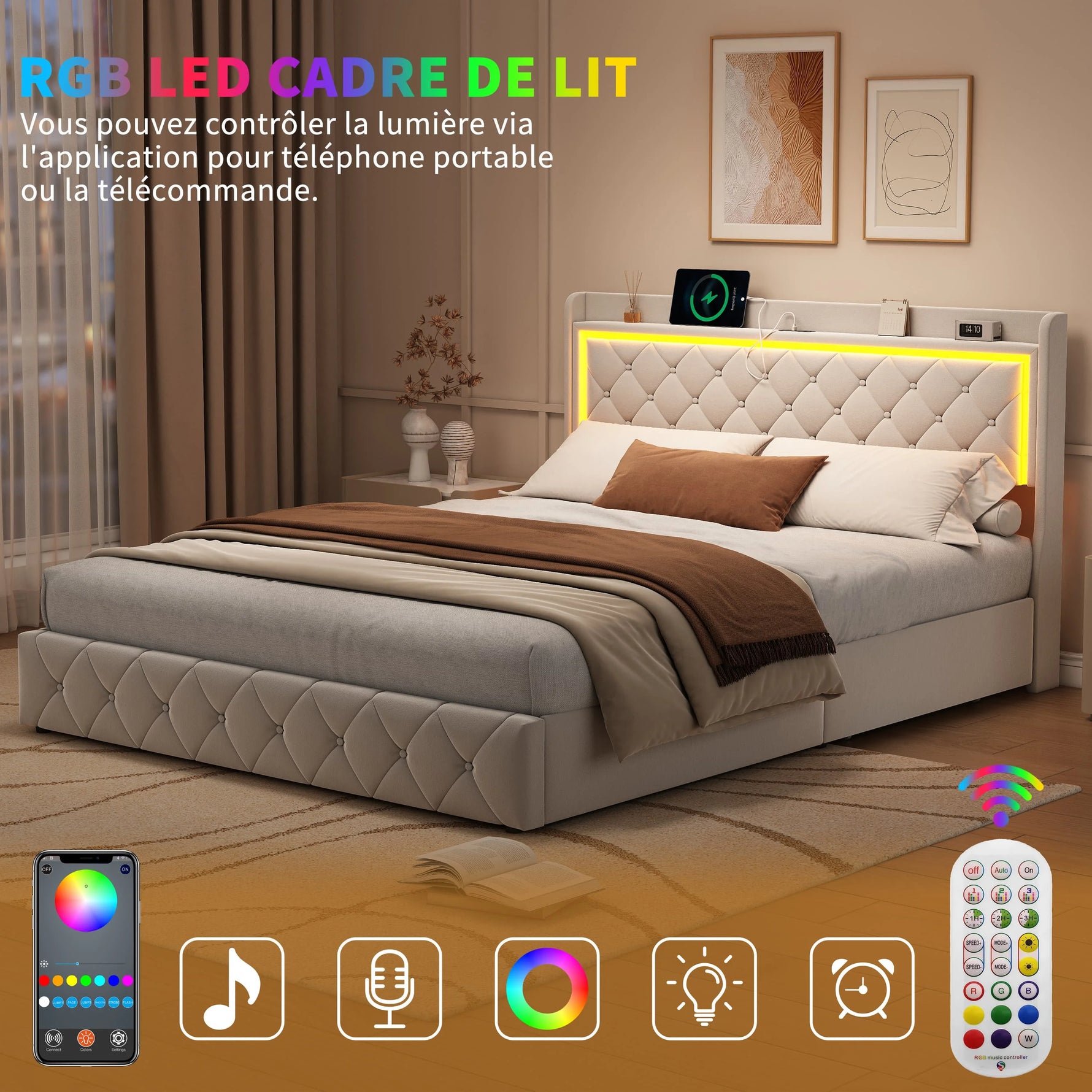 Ports USB et Type-C pratiques sur le côté du lit