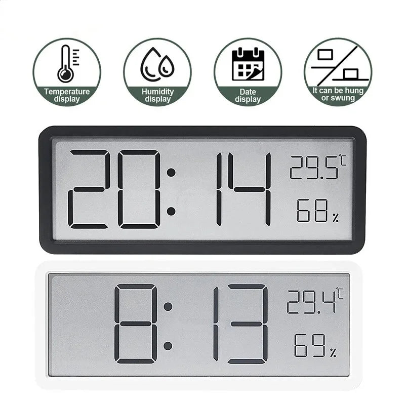 Horloge murale numérique LCD blanche affichant heure température humidité