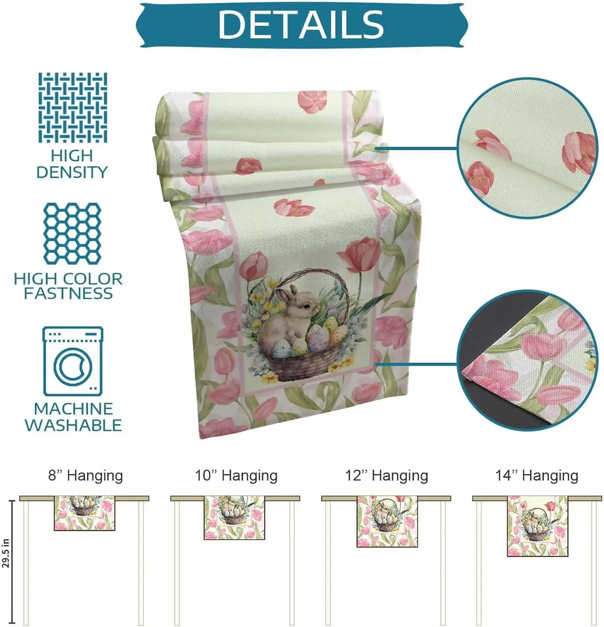 L'image montre différentes tailles de bannières murales décoratives à motif de panier fleuri et de lapins, avec des détails sur la densité, la couleur et le lavage en machine.