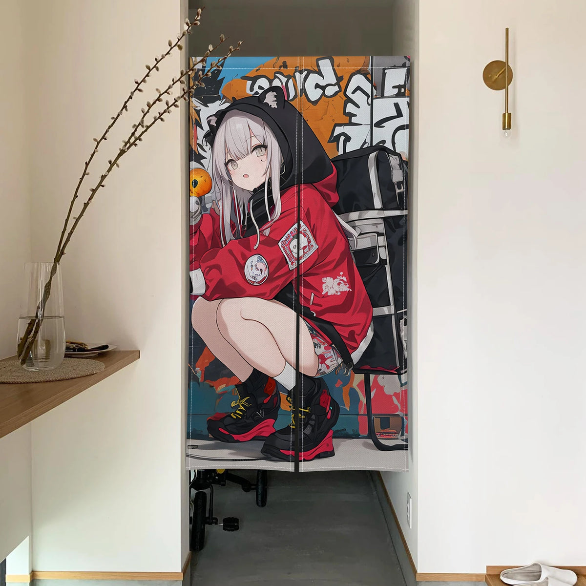Détail des motifs anime sur le rideau de porte japonais style punk