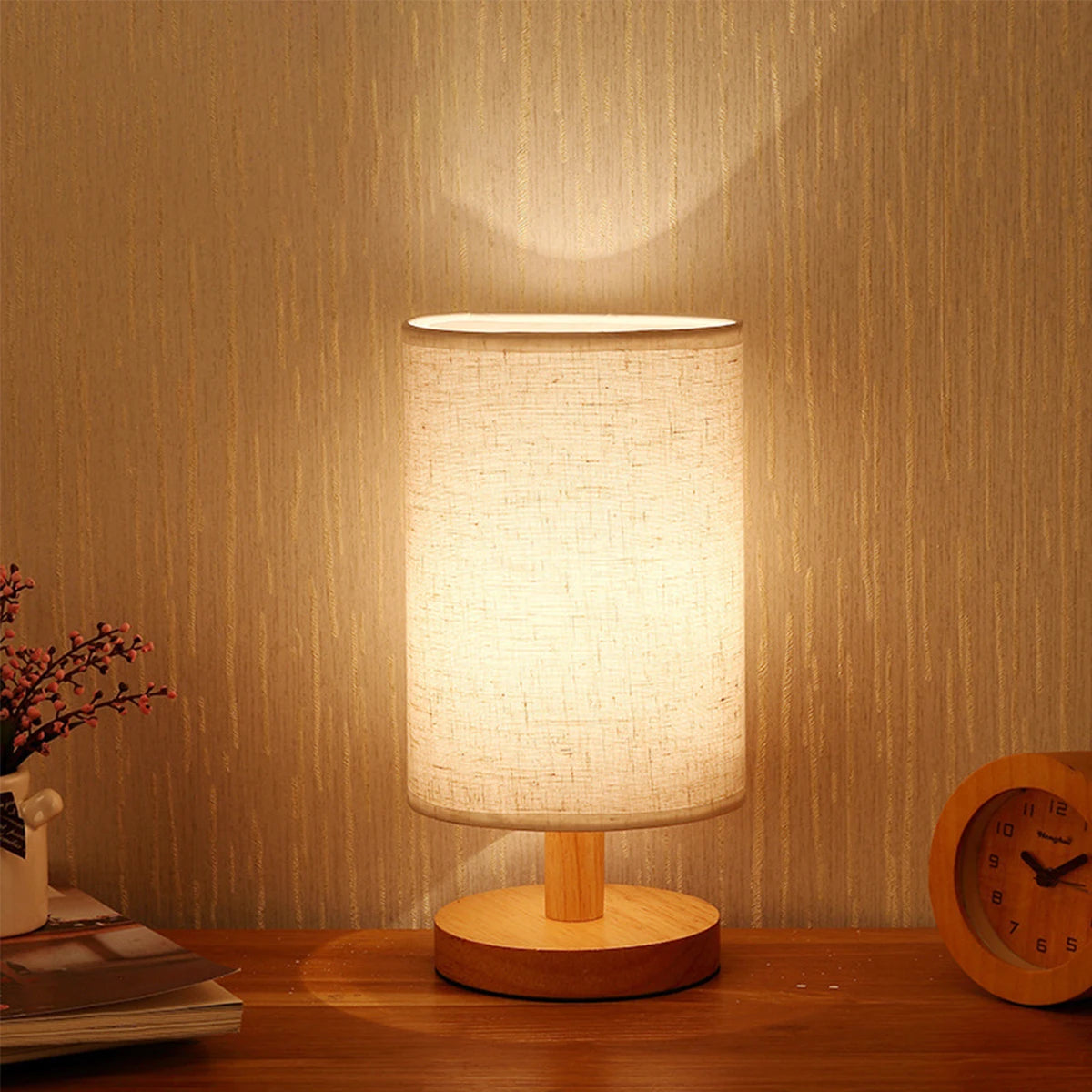 Détail du contrôle tactile de la lampe de chevet en lin