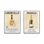 Deux affiches vintage représentant deux produits italiens célèbres : le Limoncello, un digestif au citron, et le Prosecco, un vin mousseux.