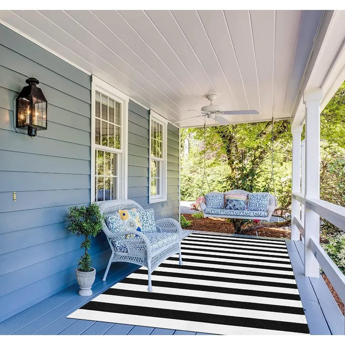 Tapis rayures noir blanc balcon extérieur lavable