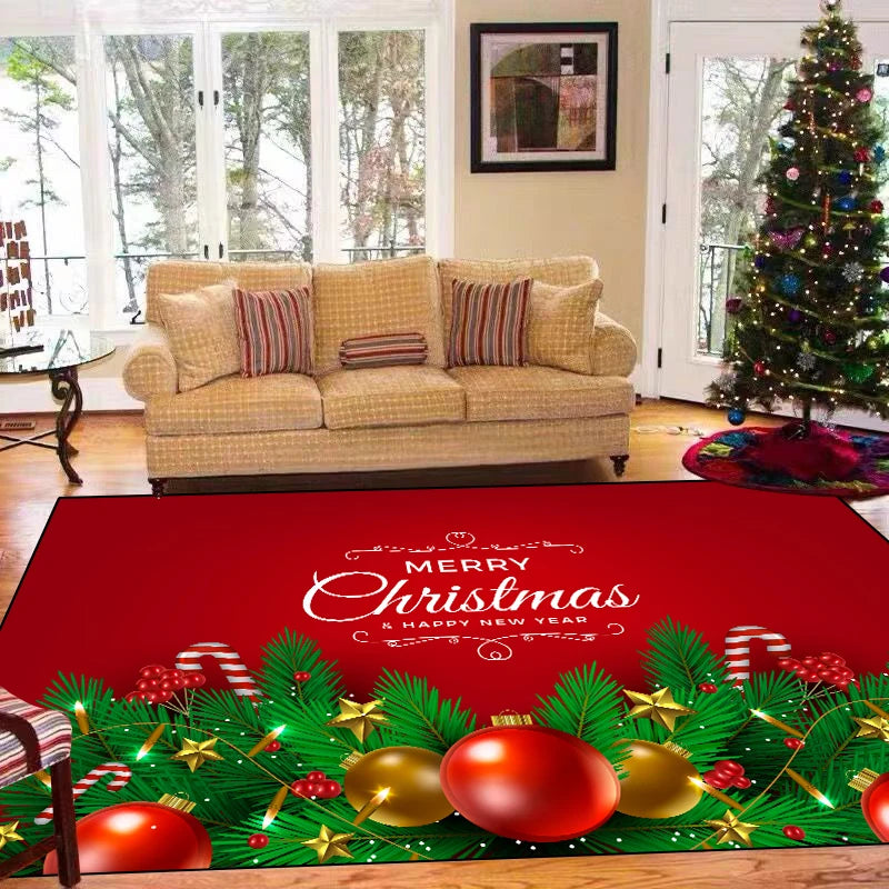 Un salon confortable et douillet décoré pour Noël, avec un arbre de Noël illuminé, des boules de Noël colorées et un tapis avec un message joyeux.