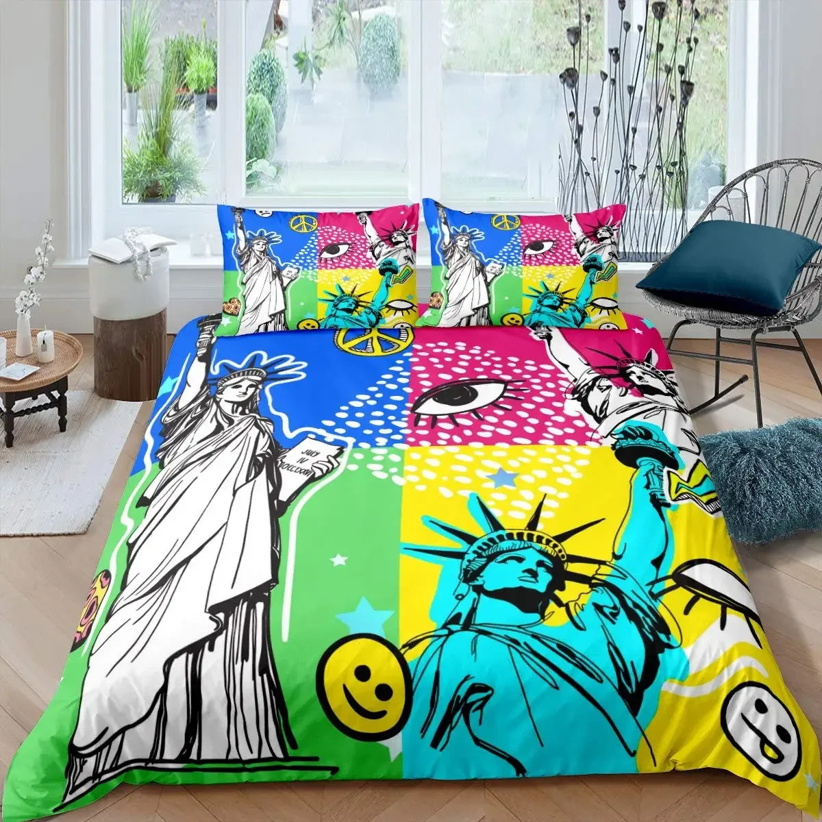 Détail des motifs coeur et paix sur housse de couette violette