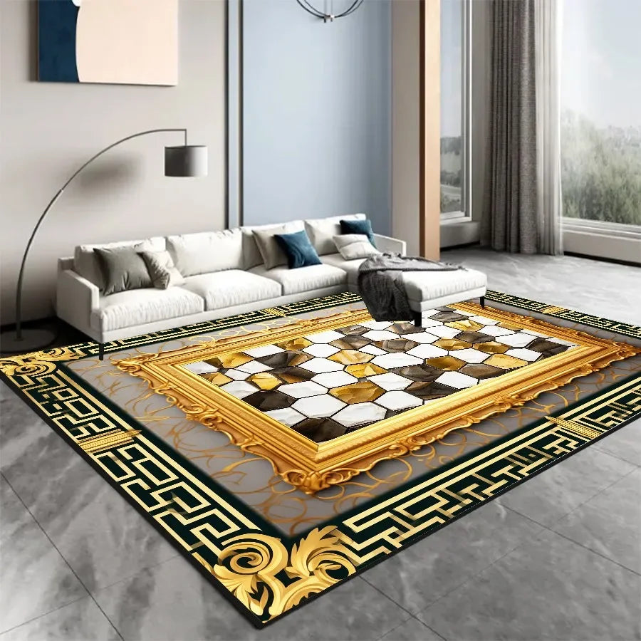 Tapis de sol décoratif avec un motif carrelé doré et noir dans un salon moderne avec canapé blanc.