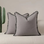 Deux oreillers gris décoratifs avec des franges sur fond de cactus verts.