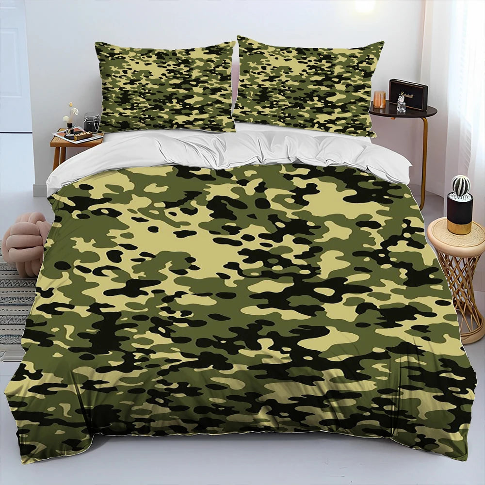 Housse de couette camouflage kaki avec taies d'oreiller assorties