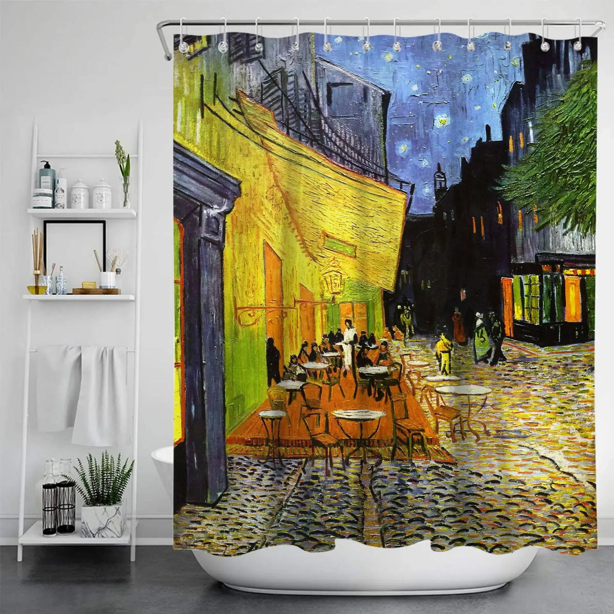 Reproduction du tableau “Café Terrace at Night” de Van Gogh, représentant une terrasse de café illuminée sur une place pavée, sous un ciel étoilé. 