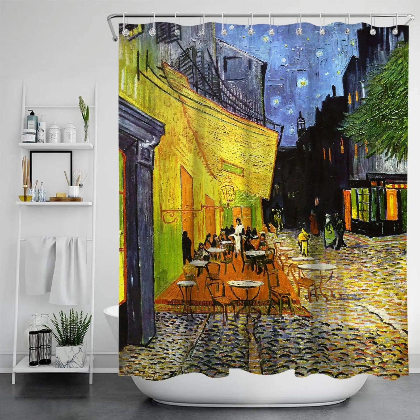 Reproduction du tableau “Café Terrace at Night” de Van Gogh, représentant une terrasse de café illuminée sur une place pavée, sous un ciel étoilé. 