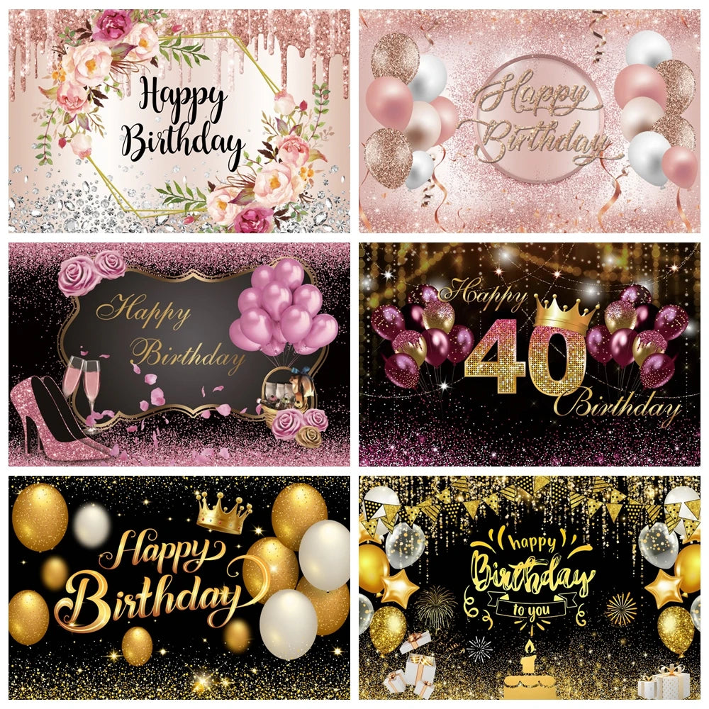 Toile de fond anniversaire or rose avec fleurs et diamants