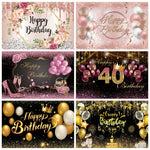 Toile de fond anniversaire or rose avec fleurs et diamants