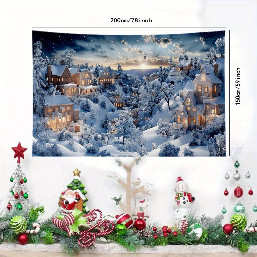 Détail du motif village enneigé sur tapisserie murale de Noël