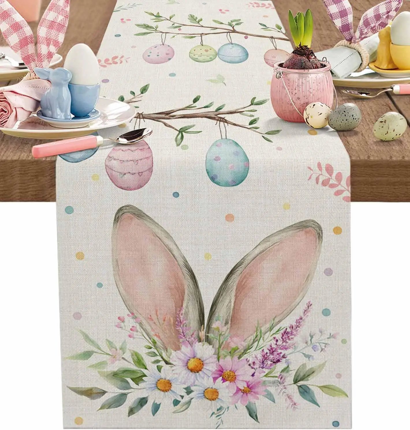 Magnifique décor de Pâques avec des oeufs colorés et de jolies fleurs de printemps, créant une atmosphère douce et printanière.
