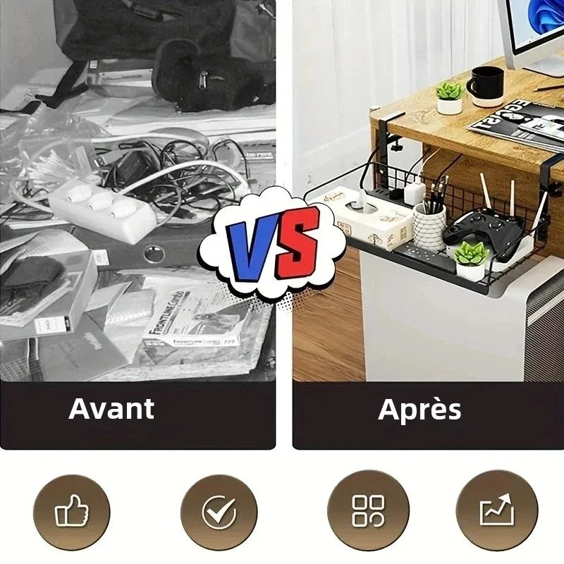 Rangement câbles bureau avec panier suspendu