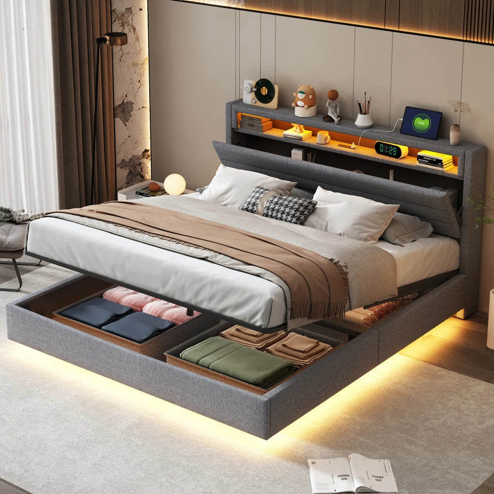 Lit flottant gris avec rangement hydraulique et lumières LED