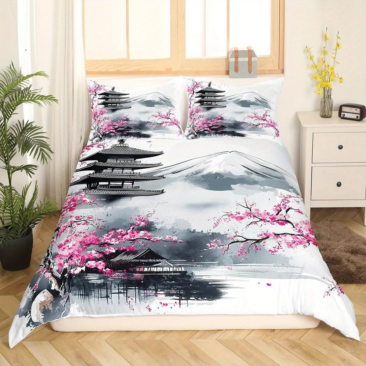 Housse de couette japonaise dépliée montrant le design complet