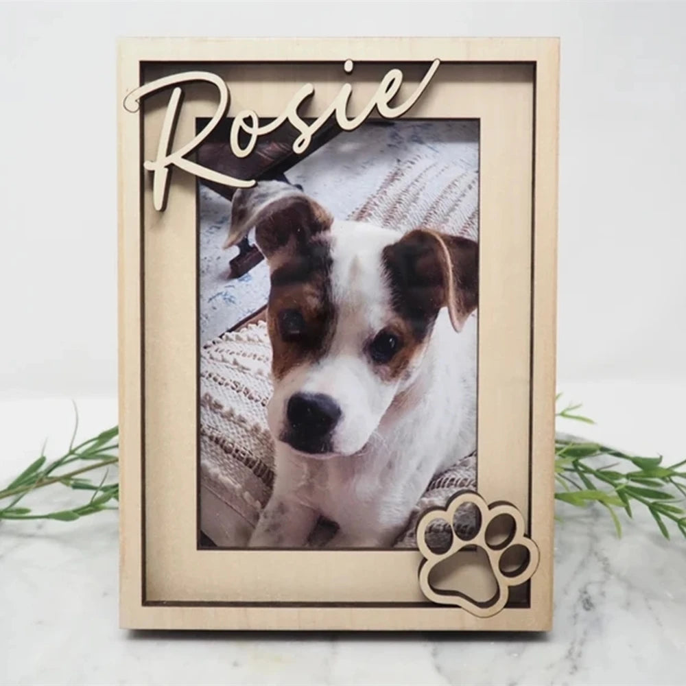 Cadre photo personnalisé pour chien en bois massif avec gravure 3D du nom