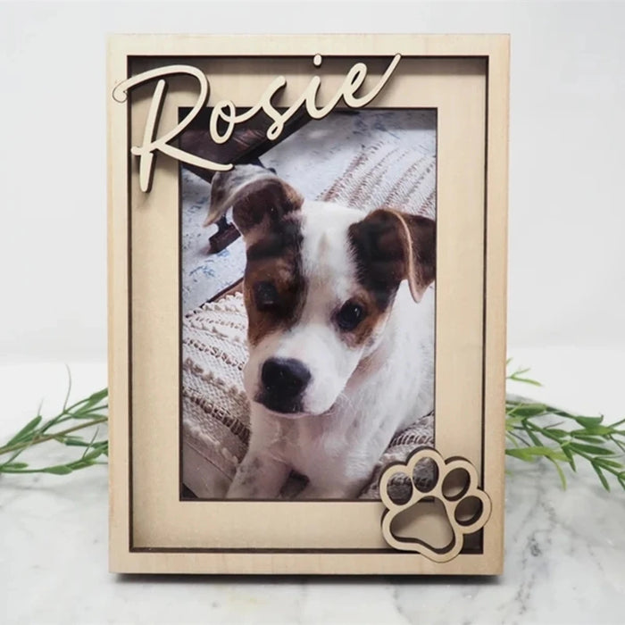Cadre photo personnalisé pour chien en bois massif avec gravure 3D du nom