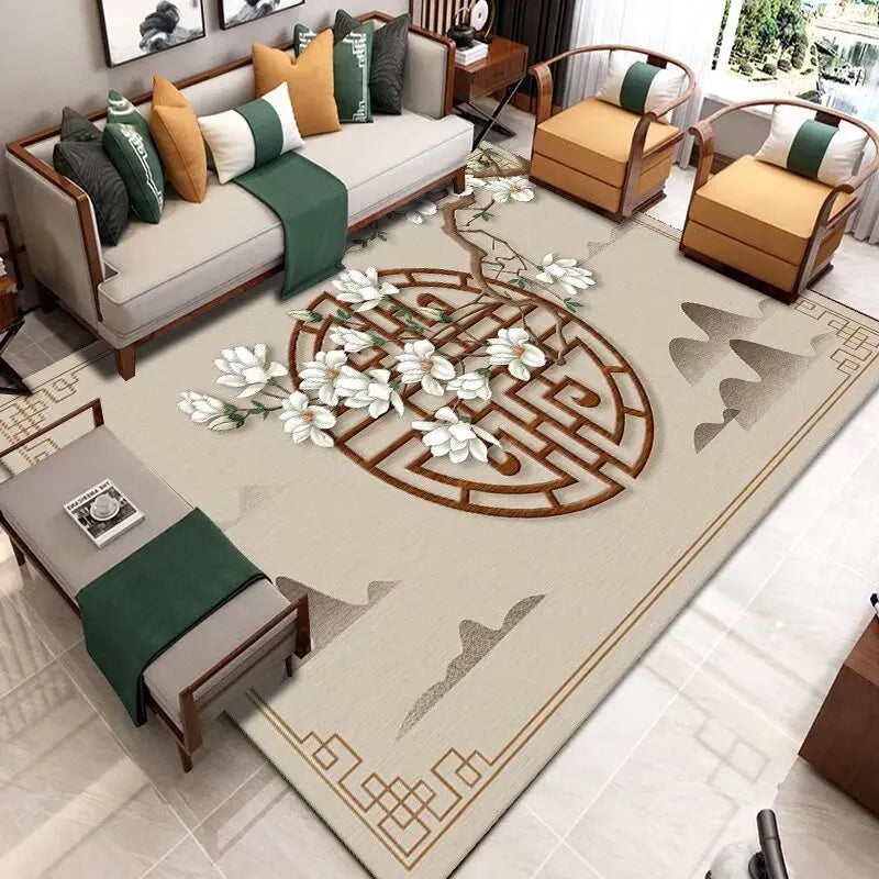 Un magnifique salon décoré avec style, mêlant des meubles en bois et des textiles aux tons chauds et ethniques, avec un tapis ouvragé au centre mettant en scène une composition florale.
