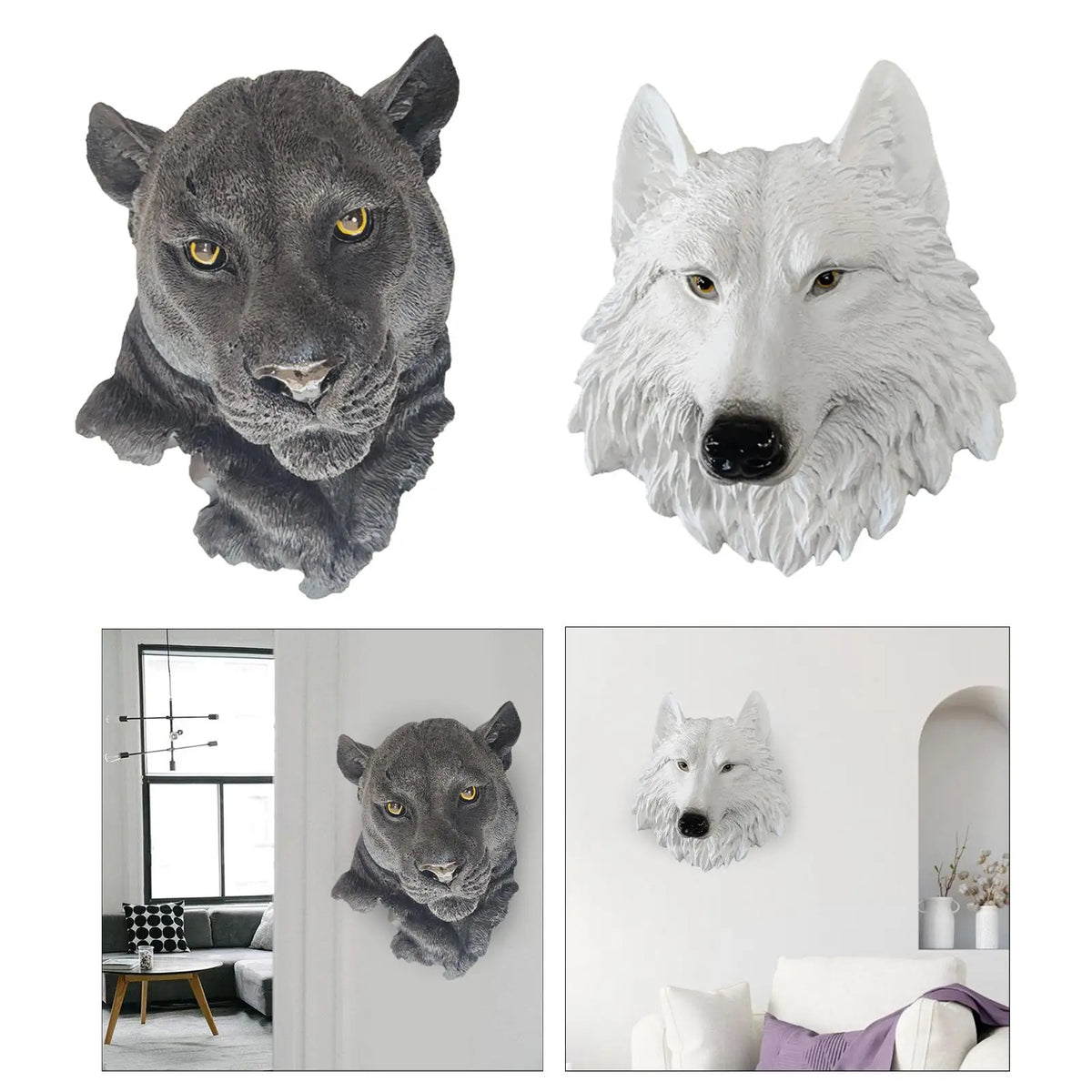 Tête d'animal résine noire et blanche, design géométrique