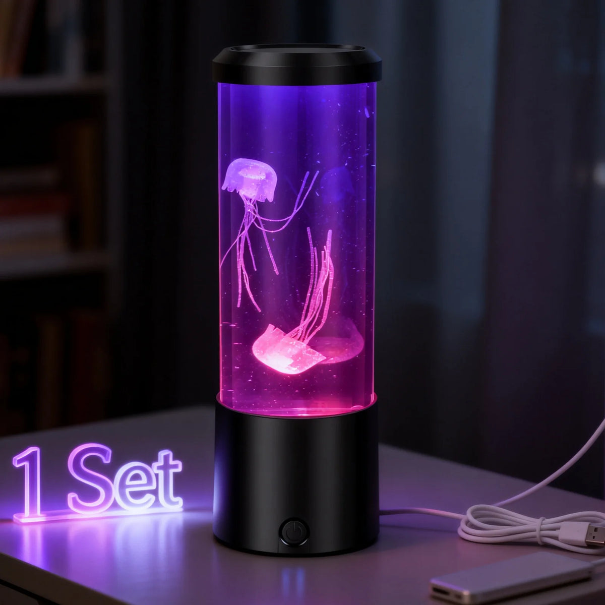 Lampe méduse LED aquarium simulation avec éclairage bleu sur table de chevet