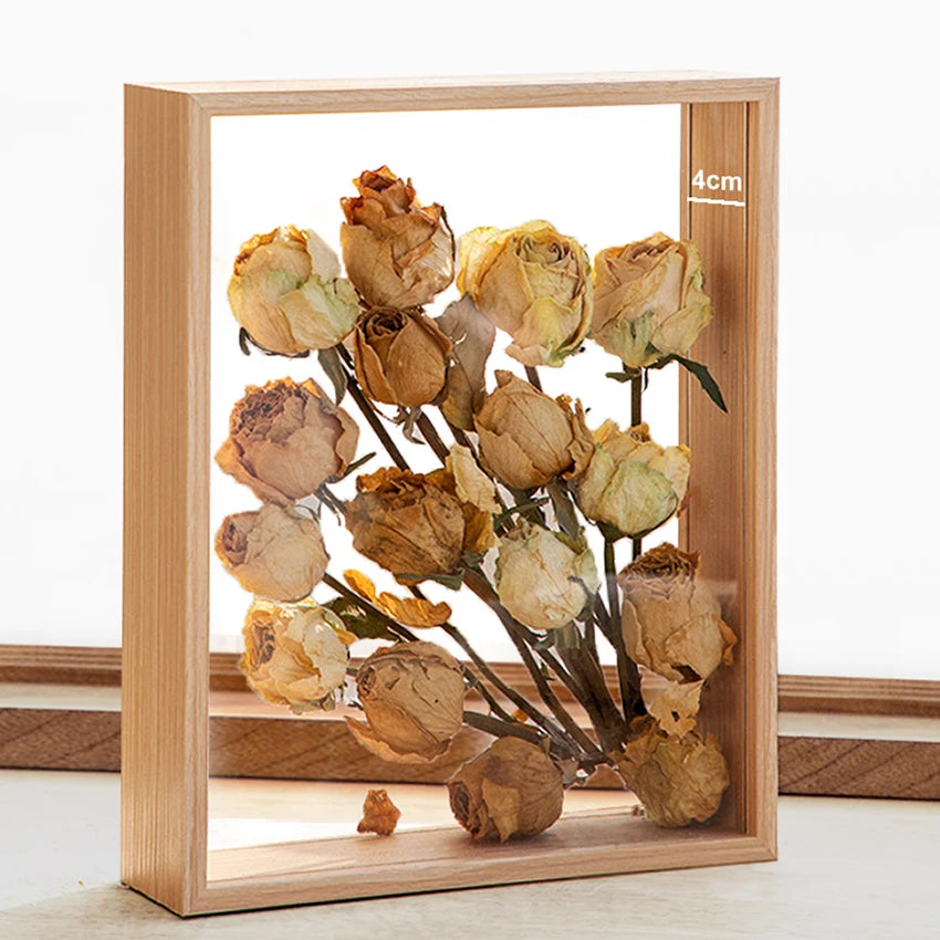 Cadre photo 3D bois blanc avec fleurs séchées